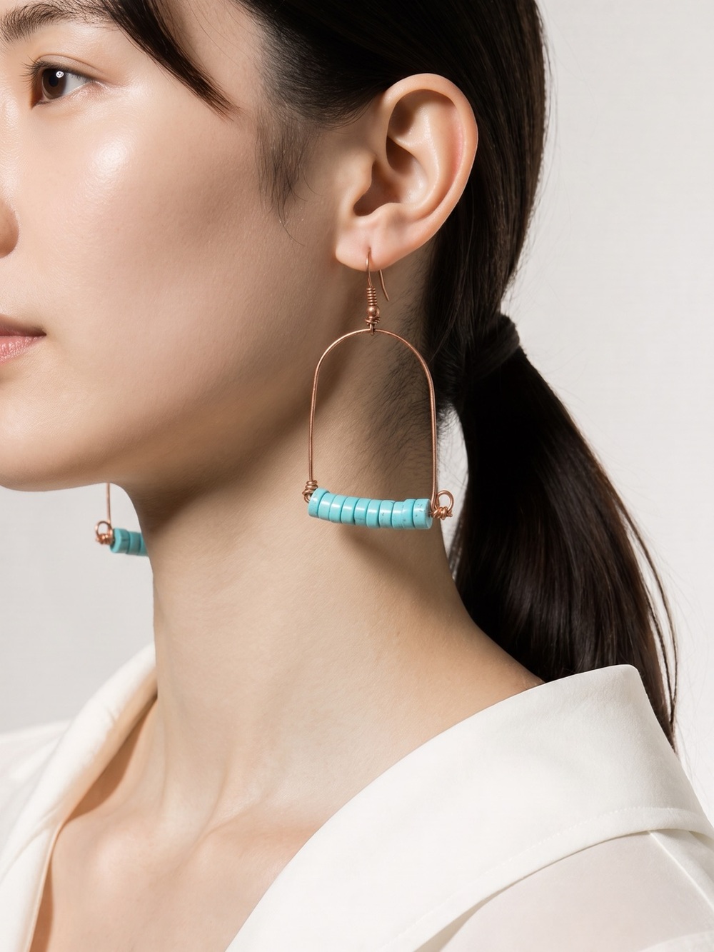 Genuine Turquoise Beaded Hoop Drop Earrings - Wire Wrapped. - Picture 7 of 9